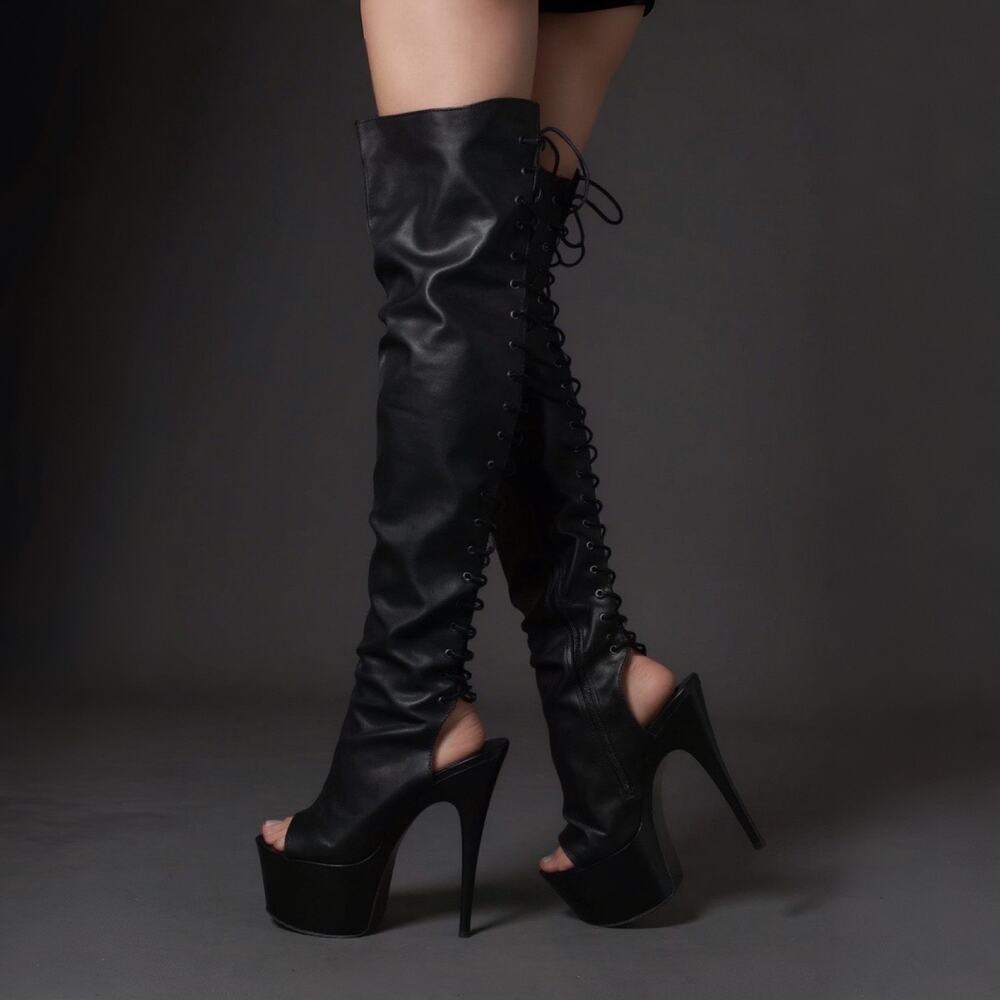 Thigh High Laceup Back Peep Toe Platform Boots